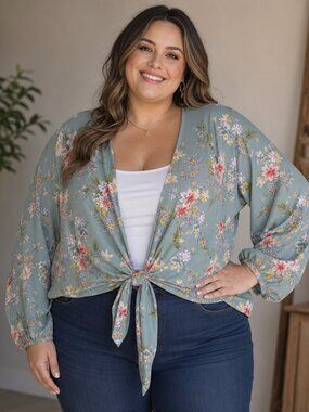 Fashion Nova Mint Green Floral Tie-Front Top